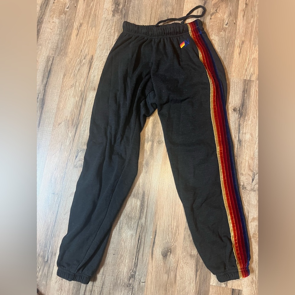 Aviator Nation Black Joggers with Red and Gold Stripes